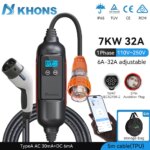 Khons 7kw Portable EV Charger 32A Single-Phase 32A EV Charger EVSE Wallbox For Electric Vehicle Charging With app 5m Cable