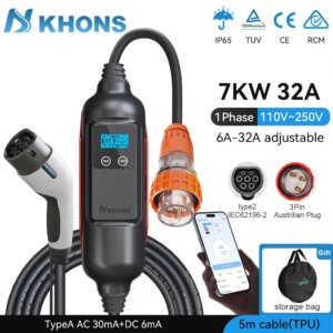 Khons 7kw Portable EV Charger 32A Single-Phase 32A EV Charger EVSE Wallbox For Electric Vehicle Charging With app 5m Cable