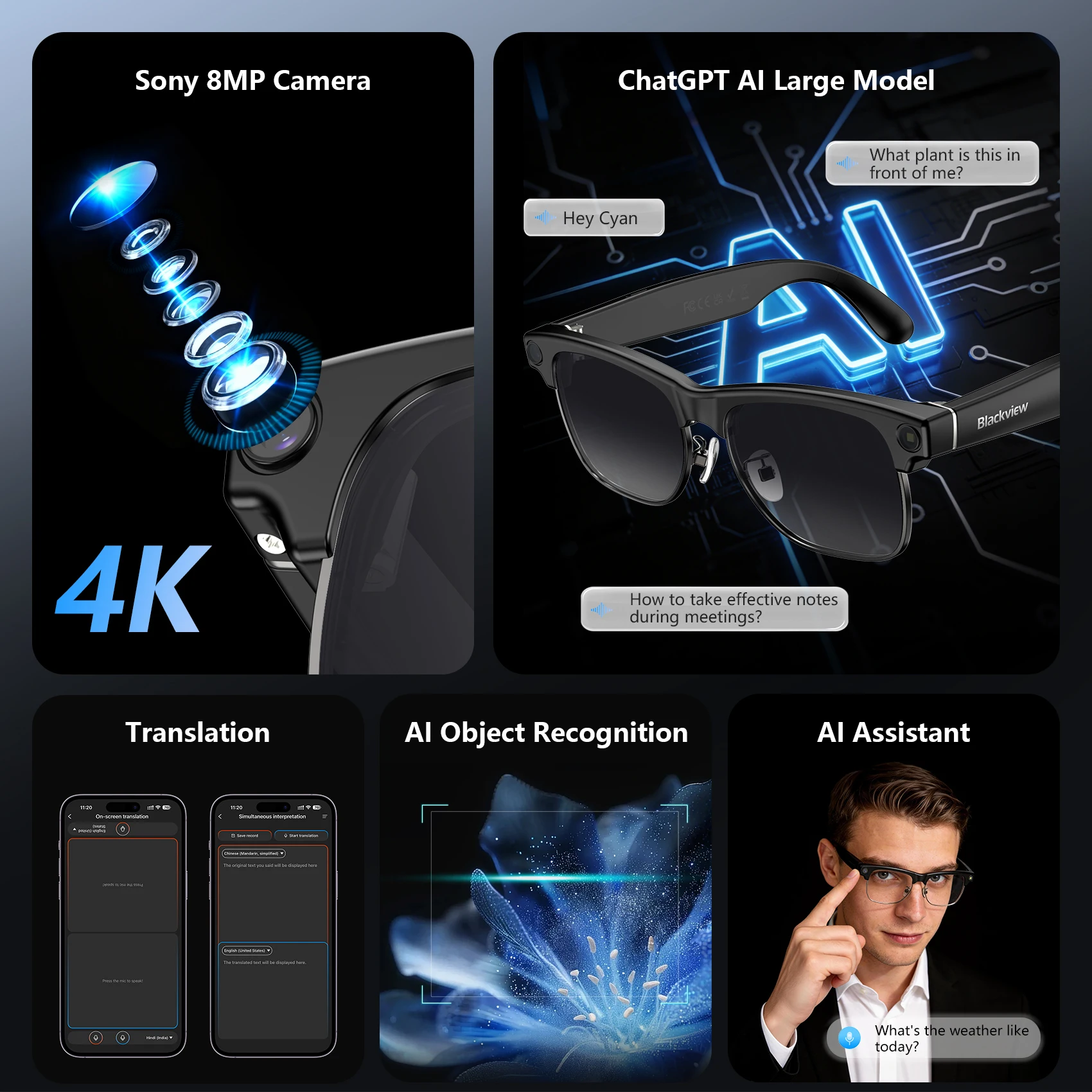 【World premiere】Blackview BV200 Shooting Smart glasses 8MP 4K HD camera Bluetooth Call Voice Assistant AI Translation Glasses - AliExpress 44