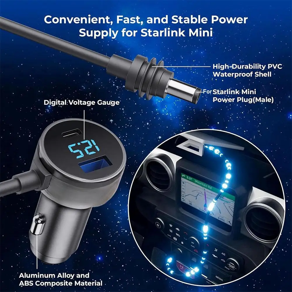 For Starlink Mini 3in1 Digital Display Car Charger To DC Power Cable With USBA+C Interface Car Charging Cable For Starlink Mini